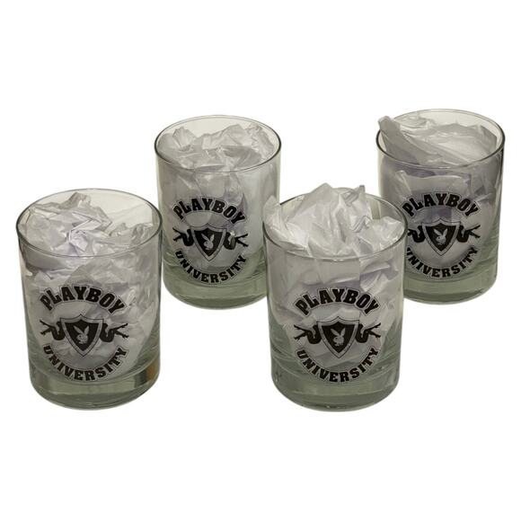 Set 4 Vintage High Ball Whiskey Glasses Playboy University Logo Black Lettering